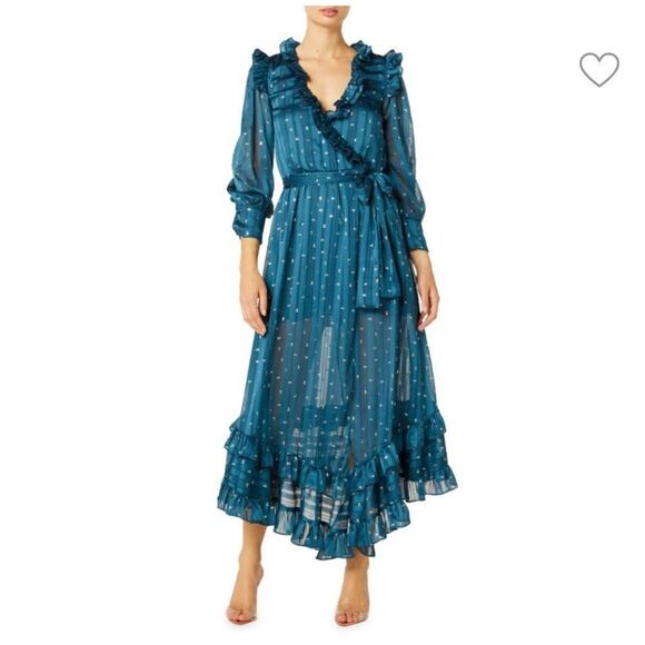 Misa Gabriella Ruffle Midi Dress Holiday Teal Size XS - Picture 2 of 16